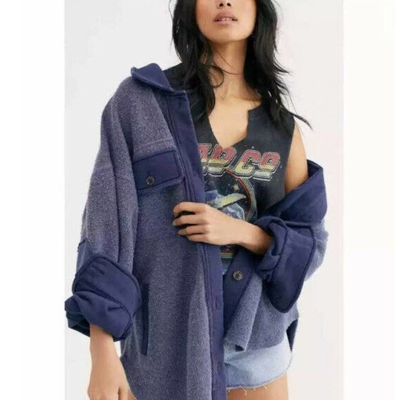 NWT Free People Blue Ruby Fleece Button Up Elbow Patch Shirt Jacket Large - Picture 3 of 8